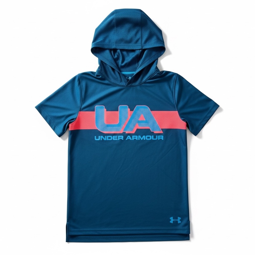 Under Armour HeatGear Hooded Tee Blue Logo Short Sleeve Kids YXL